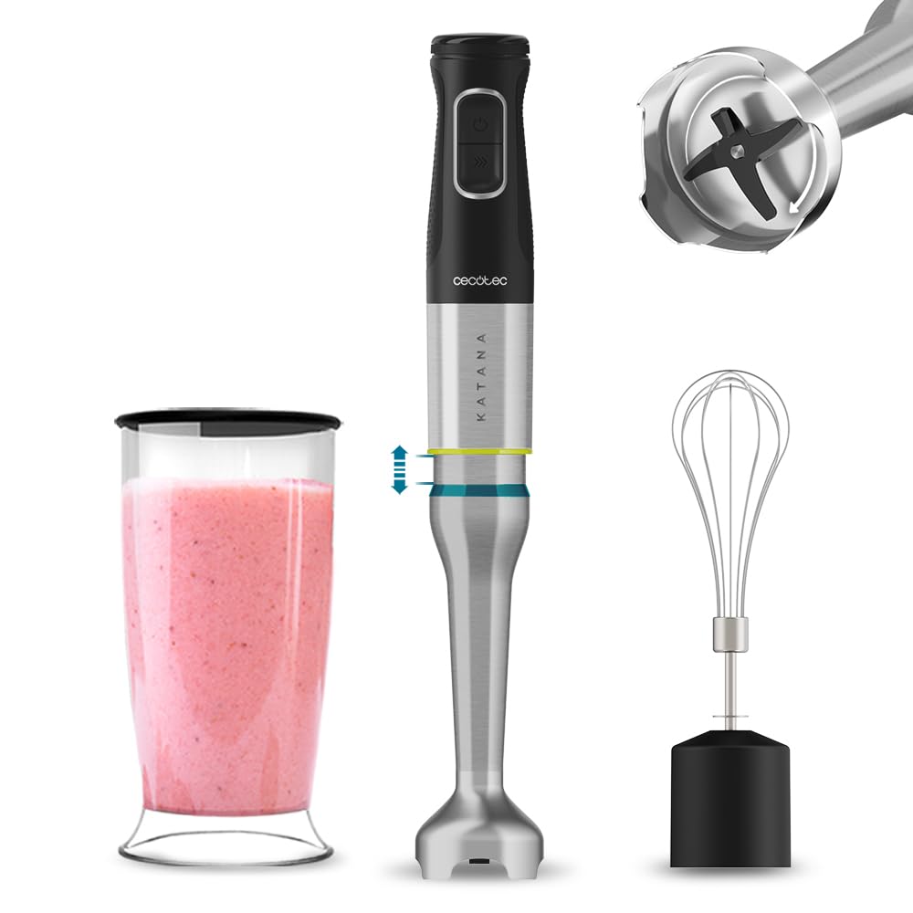 Cecotec Batidora de Mano Katana 12 Cream B. 1200 W, 21 Velocidades y Turbo, 4 Hojas con Titanio Negro, Campana antisalpicaduras, Pie extralargo, Vaso 800 ml