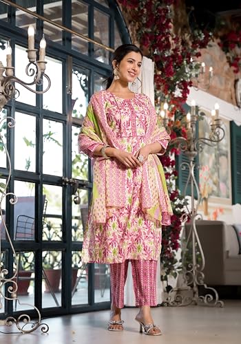 Image of MIRCHI FASHION Pure Cotton Women Straight Jaipuri Floral Print Kurti Set with Dupatta and Pant