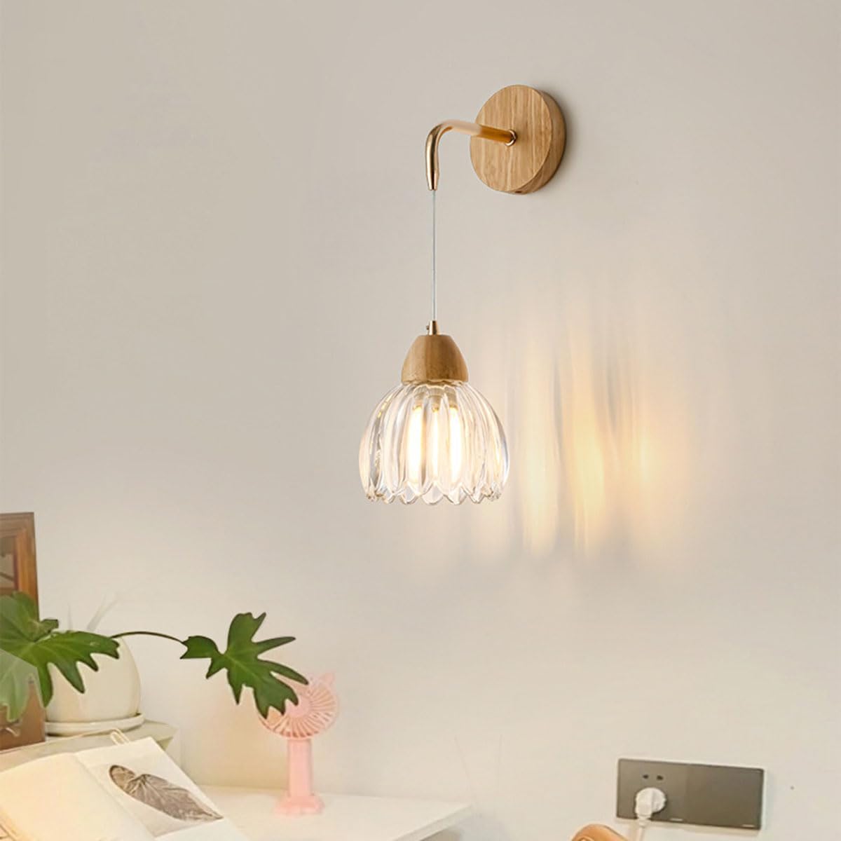Drewniany kinkiet wewnętrzny, lampa ścienna w stylu vintage z kwiatowym wzorem, klosz z przezroczystego szkła, lampka nocna E27, lampa industrialna w stylu retro z okrągłą podstawą do salonu, sypialn