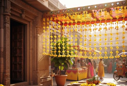 Image of Rajasthan Kraft Set of 4 Yellow Floral Strings (39 Inch) ? Artificial Flower & Crystal Bead Hangings for Home, Balcony & Festive Decor ? Traditional Indian Latkan for Housewarming, Pooja & Weddings