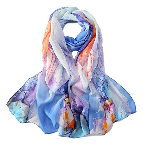 JWSilk Long Silk Chiffon Scarf Floral Print (Blue Coral)