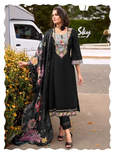 Image of INDO ERA Women's Anarkali Pure Cotton Floral Printed Embroidered Kurta & Pant with Dupatta Set (IEOUT10688)