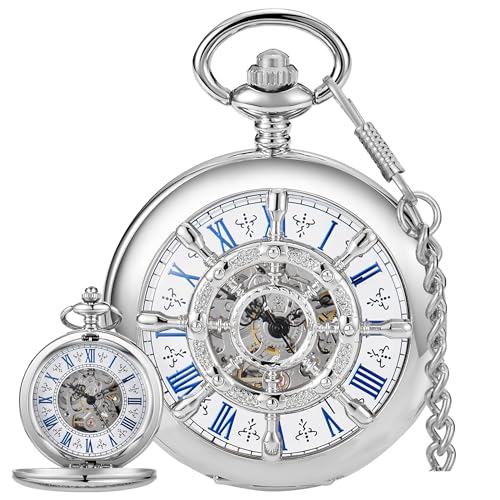 Image of Men's Mechanical Hollow Design Hand Wind Pocket Watch Roman Numerals Steampunk with Chain Box