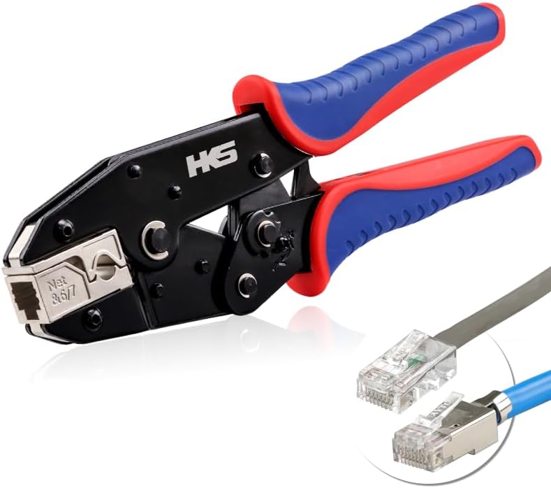 HKS Ratcheting RJ45 Pass Through Crimp Tool with Alloy Steel Jaws for Cat5 Cat6 Cat7（N567）