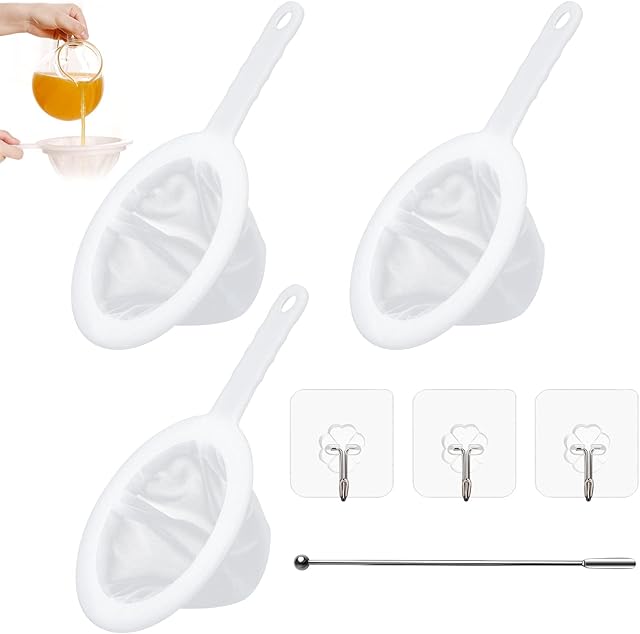 Ruicaifu 3PCS Kitchen Ultra Fine Mesh Strainer, Food-Grade Filter Strainer Set with 1PCS Stirring Rod 3PCS Hooks, Plastic Household Sieve for Juice Tea Coffee Oils( 120/200/400 Mesh )