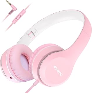 RORSOU K5 Kids Headphones with Microphone for shchool, Volume Limiter 85/94dB, Foldable Stereo Tangle-Free 3.5mm Jack Wired Cord On-Ear Headphones for Children/Boys/Girls/Kindle/Tablet/MP3/4 (Pink)