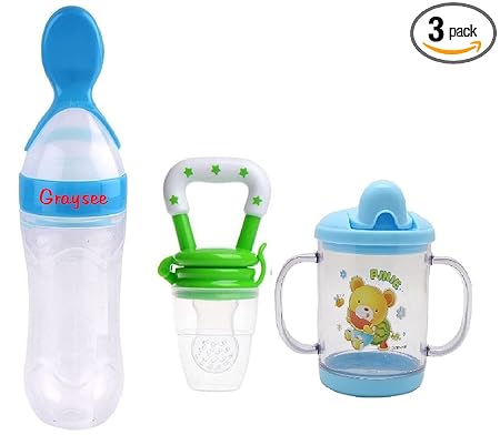 GRAYSEE Combo of 3 Baby Safe Silicone Squeeze Fresh Food Feeder Bottle with Food Dispensing Spoon, Infant Food Nibbler Teething Toy Feeding Pacifier and Plastic Sipper Cup-240ml (Multi 1)