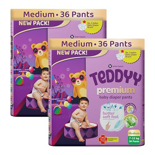 Image of Teddyy Premium Baby Diaper M size, Pant Style | Medium (7-12 kg), 72 Pants | Butter Soft Feel, Anti-Rash with Aloe Vera, 12 Hours Dryness Lock