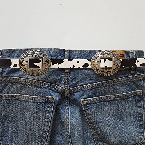 Western Concho Style Belt w. genuine cow print hair leather belt Black/White L3