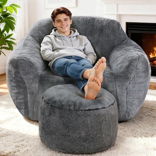 Image of Homguava Giant Bean Bag Chairs for Adults,Large Bean Bag Couch with Ottoman | Big Beanbag Chair with Memory Foam Filled,Oversized Bean Bag Sofa,Faux Fur Floor Sofa Chair for Bedroom Living Room-Grey