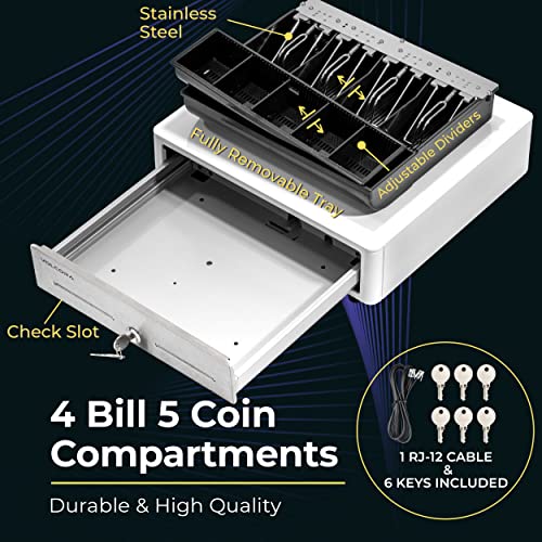 Volcora 14" Electronic Cash Register Drawer for Point of Sale (POS) System with Round Corners, Stainless Steel Front Panel - Fully Removable 2-Tier 4 Bill 5 Coin Cash Tray, 24V, RJ11/RJ12 - Thumbnail 3