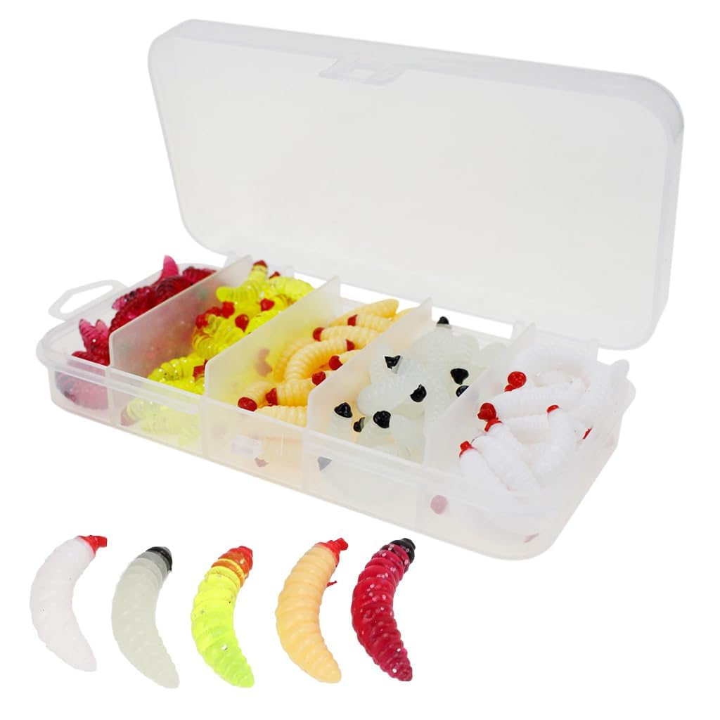 Proberos® Fishing Lures, 125 Pcs Fishing Soft Plastic Lures, Fishing Lures Kit with Portable Box & 5-Color Worms Lures & 1 Inch Soft PVC Realistic Maggot Fishing Baits