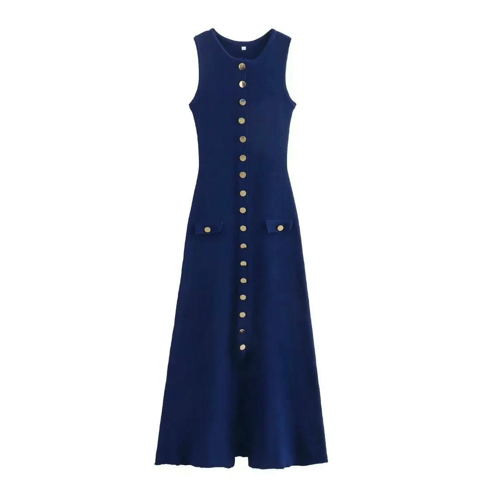 Vestito Donna Donne Abito Elegante A Maglia A Maglia Singola Petto O Abiti Senza Maniche con Tasche con Tasche Slim Midi Office Lady-Marina-s