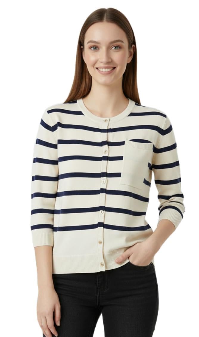 Classic Nautical Women's Cardigan, 3/4 Sleeve Button Front Sweater, Cream with Navy Stripes, Crew Neck, Chest Pocket-image-1