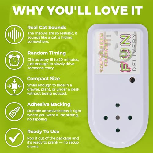 FUN delivery Hidden Cat Sound Prank Device – Pranks Device – Meow Noise Maker with Random Intervals – Funny Gag Toy, Offices, Parties, and Pranksters
