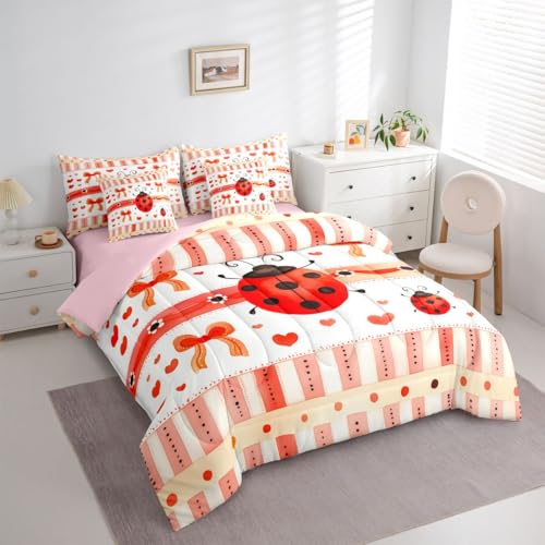 Image of Cartoon Ladybug Bedding Sets Queen Red Orange Bowknot Hearts Comforter Set Watercolor Stripes Grid Rustic Style All Season Comforter Flat Sheet Fitted Sheet 2 Pillowcases 2 Throw Pillow Covers 7 Pcs