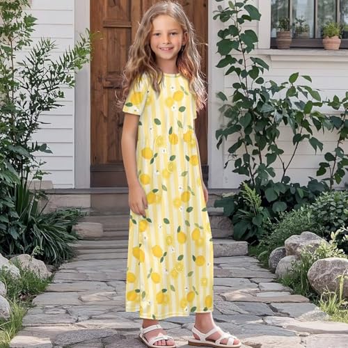 Girls Maxi Dress with Pockets Short Sleeve Swing Flowy Dress Holiday Dresses Summer Beach Sundress for 5-14 Years3