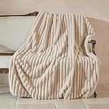 Amélie Home Luxury Jacquard Striped Faux Fur Throw Blankets, 630GSM Soft and Warm Thick Throws, Milky Fluffy Plush Blanket for Sofa Couch Bed Living Room in Fall Winter, Beige, 50"x 70"