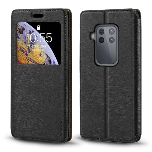 Shantime Sichtfenster-Lederhülle Kompatibel mit Motorola Moto One Zoom, Elegantes Design mit Klarsichtanzeige, Unsichtbarem Magnetverschluss & Kartenfach(Schwarz)