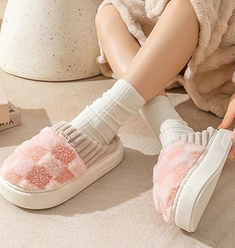 Plush Slippers for Women Men Plaid Cuff Warm Fuzzy Fleece Slipper Cozy Memory Foam Checkered Home Shoes Non-Slip4