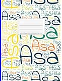  Asa: College Ruled Composition Book, 200 pages, size 7.44\" x 9.69\", white paper with light grey lines, Soft white cover filled with wordcloud made of ... colors and directions and a blue spline.
