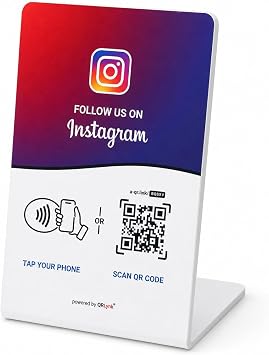 NFC Tap on Instagram Stand, Compact 4.1"x2.7" | Follow Us NFC Tab or QR Code, Contactless Engagement, No App Required, Social Media Marketing Tool