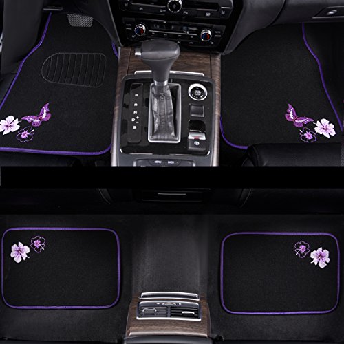 Car Pass Embroidery Butterfly And Flower Car Floor Mats, Purple Car Floor Mats, Universal Fit 95% Automotive,Suvs,Sedan,Vans,For Women,Girly,Set Of 4(Black With Purple) #TOP4