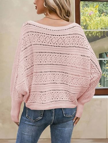 Image of Cakulo Womens Off Shoulder Crochet Sweater Top 2025 Fall Fashion Batwing Long Sleeve Sweaters Outfits Light Pink L