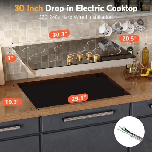 Image of 30 Inch Electric Cooktop, 5 Burner Ceramic, 220-240V Hardwired, No Plug
