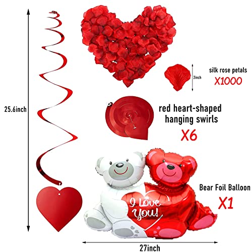 I Love You Red Balloons And Heart Balloons Kit With 1000Pcs Dark-Red Silk Rose Petals Romantic Flower Decoration Love-Bear Red Heart Balloons For For Valentine's Day Wedding Birthday Party Decorations #TOP2