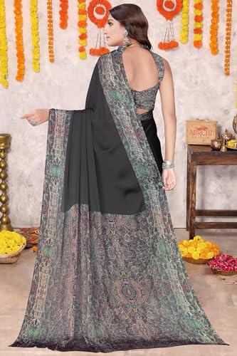 Image of MIRCHI FASHION Women Saree Abstract Print Chiffon | Breathable Lightweight Casual Sari for Regular Use and Office with Unstitched Blouse (Available in 25 Colors)