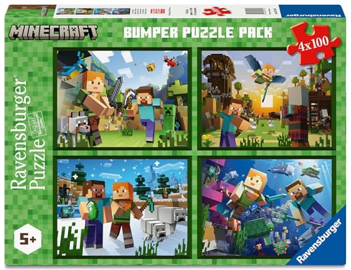 Ravensburger - Minecraft Jigsaw Puzzle, Bumper Pack 4 x 100, Gift Idea for Children 5+ Years, Educational and Stimulating Game, 4 Jigsaw Puzzles of 100 Pieces, 36 x 26 cm
