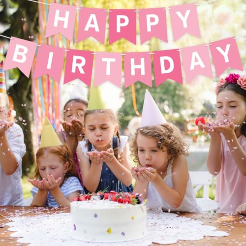 Image of Happy Birthday Banner Pink Birthday Party Banner Garland Sign for Kids Girls Baby 1st Birthday Tea Party Decorations Bunting Flag Spa Birthday Party Supplies