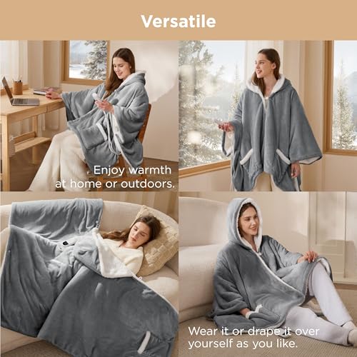 Bedsure Heated Blanket Wearable Shawl - Electric Wrap Poncho Blanket Hoodie for Adult, Birthday Gifts for Mom Women, Sherpa Heating Throw with 4 Time Settings & 6 Heat Settings, 55x64 inches, Grey - Image 7