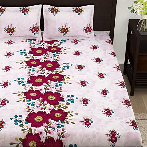Image of Story@Home Floral 100% Cotton Bedsheet for Double Beds with 2 Pillow Covers, Baby Pink & Red कपास डबल बेडशीट