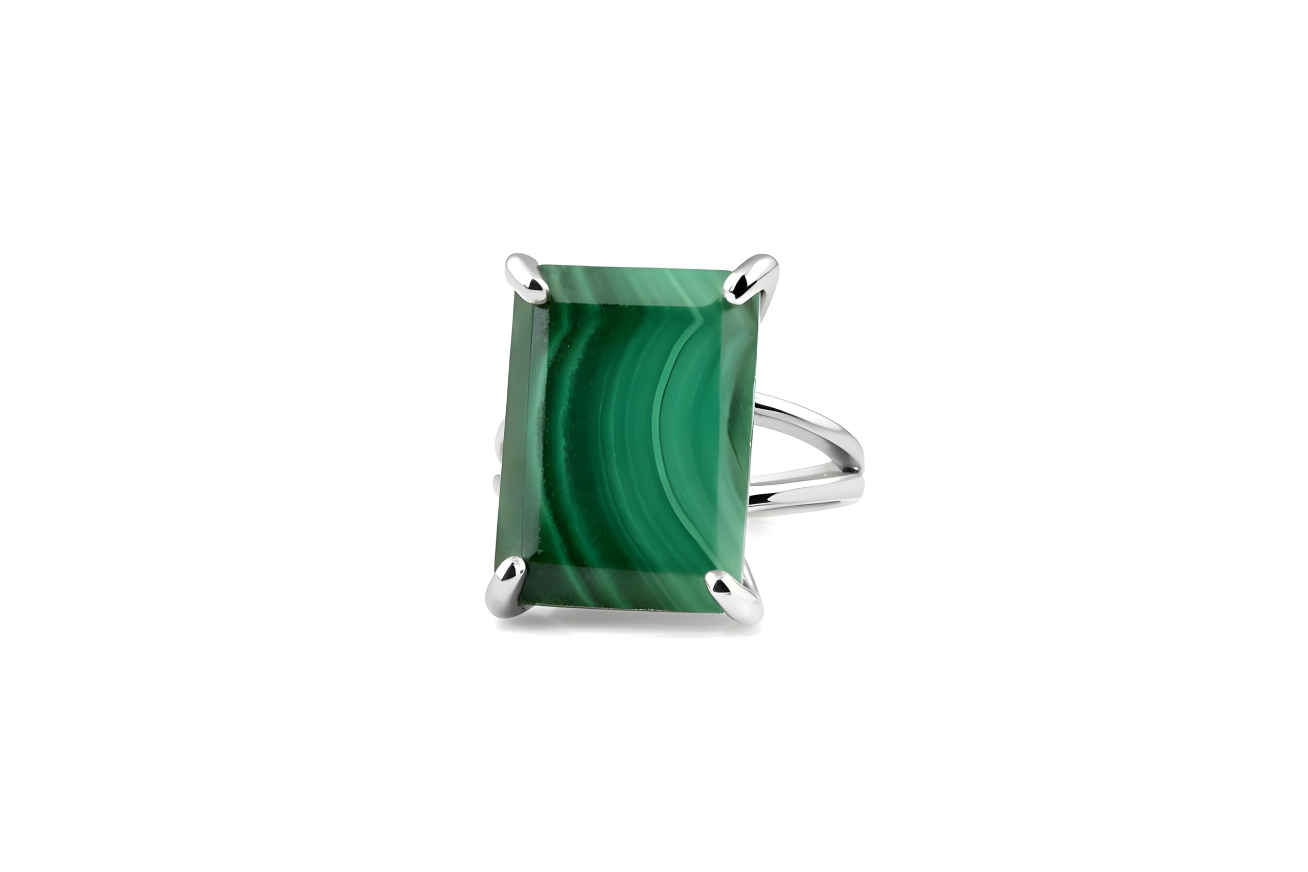 Anillo Rectangular con Cristal de Malaquita - Anillos de Piedra Artesanales para Mujer - Anillos de Moda, de Regalo, Casuales, de Novia - Ideas de Regalo para Ella
