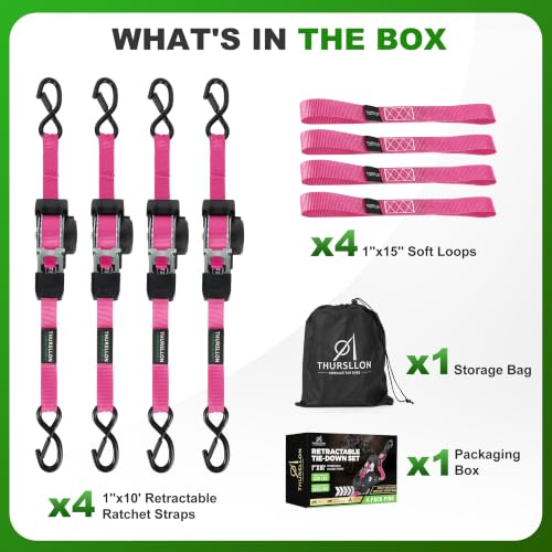 Image of Retractable Ratchet Straps (4-Pack) - 1in x 10ft, Pink Ratchet Straps