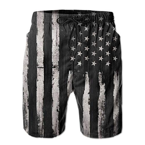 Knsoiv Teen Swim Trunks, Vintage Black and Gray Grunge American Flag Independence Beach Shorts Breathable Swim Shorts 3D Printed Drawstring Beach Pants with Pockets Mesh Lining Large