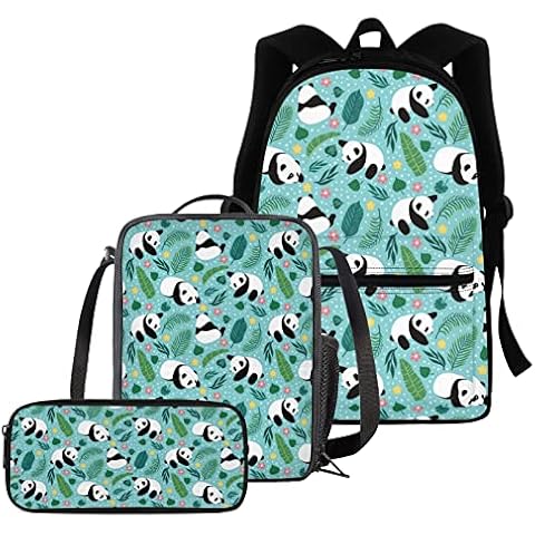 BIGCARJOB Panda Print School Bags Waterproof Laptop Backpack with Lunch Bag Pencil Case Cover