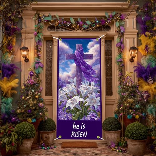 Image of Easter Door Cover He is Risen Cross Purple Lily Door Banner Scripture Easter Door Covers for Front Door Religious Easter Door Decorations 35x71 Inch