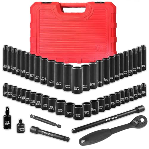 1/4 Drive 56-Piece Impact Socket Set with Ratchet, Extension, and Case - SAE & Metric, Perfect Gift for Men