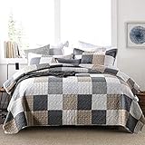 Finlonte Quilt Bedspread Sets - Cotton Grey Black Brown Plaid Patchwork Quilted Coverlet ,3 Pieces Reversible Lightweight Bed Decor for All Season,Queen Size