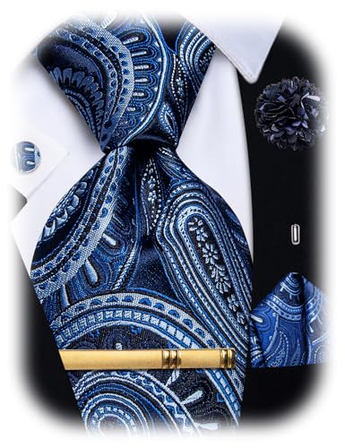 Image of YourTies Silk Paisley Floral Tie and Pocket Square Cufflinks with Lapel Pin Sets for Men 5PC Wedding Party