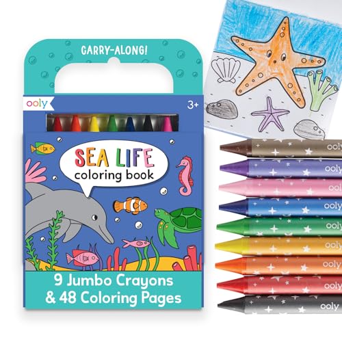 Ooly Travel Art Kit with 9 Jumbo Crayons & 48 Themed Coloring Pages & Case for Easy Traveling Art Creation, Perfect Airplane & Road Trip Activities for Kids - Sea Life