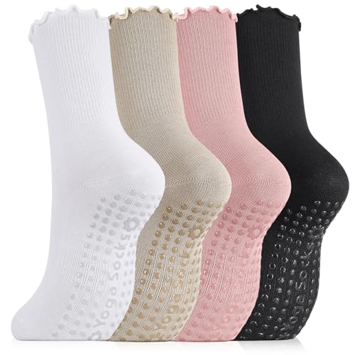 Image of Jspupifip Pilates Socks with Grips for Women, 3 Pairs Non Slip Ruffle Yoga Socks for Yoga, Barre, Ballet, Workout