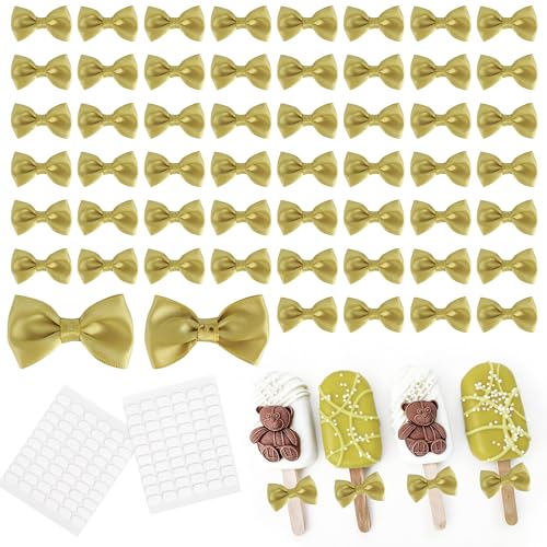LiBongTa 1.5 Inch Gold Self-Adhesive Pre-Made Mini Satin Bows 100 Counts