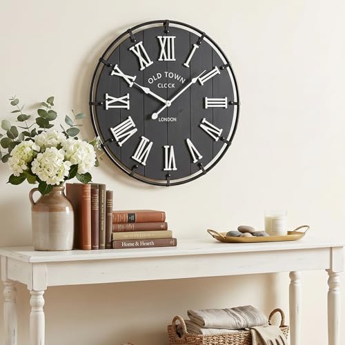 Image of EMAX HOME 20 Inch Large Farmhouse Wall Clock, Rustic Black Distressed Wood Grain Face with White Roman Numerals, Silent Non-Ticking Quartz Movement, Metal Frame Wall Decor for Living Room, Bedroom.