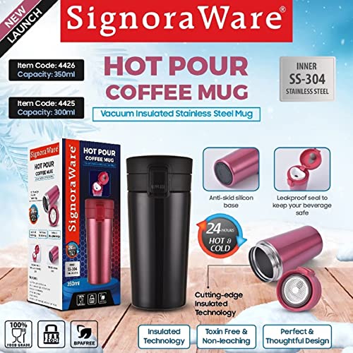 Image of Signoraware Hot Pour Coffeemate Insulated Mug, Vacuum Insulated Travel Coffee Mug with Lid, 8 Hours Hot and 14 Hours Cold, 300 ml, Set of 1, Black