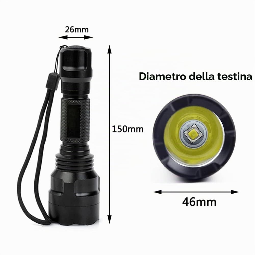 Torcia Tattica con Pressostato, 1300 Lumens Torcia Militare LED ad Alta Potenza 1 Modalità Torcia LED Ricaricabile da Caccia con Pressostato, Supporto Picatinny, Batteria e Caricabatterie