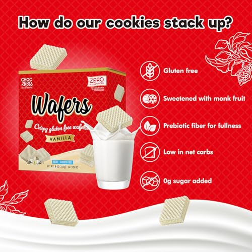 Image of ChocZero Sugar Free Vanilla Wafer Cookies, No Sugar Alcohols, Keto, Gluten Free, High Fiber, 16 Count, 8 oz Box